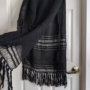 Black wool sheer panel woven grid fringe wrap scarf